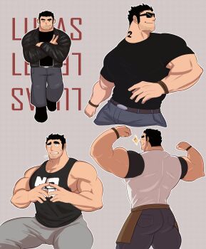 1boy absurdres against_wall ass bara beard_stubble black_eyes black_hair black_tank_top double_biceps_pose facial_hair fidgeting flexing from_behind highres huge_pectorals jacket large_pectorals leather leather_jacket looking_to_the_side lucas_lee male_focus multiple_views muscular muscular_male neck_tattoo nervous_sweating nipple_slip nipples one_eye_closed pants pectorals scott_pilgrim_(series) scott_pilgrim_takes_off short_hair shy sidepec smile sparkle strongman_waist stubble sweat tank_top tattoo thick_eyebrows thick_neck thick_thighs thighs toragoru track_pants v