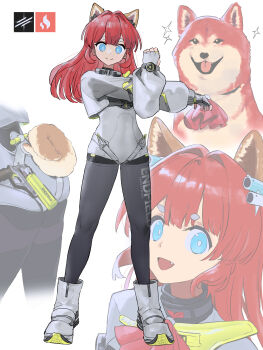 1girl absurdres akekuri_(arknights) animal_ear_fluff animal_ears arknights arknights:_endfield black_thighhighs blue_eyes character_request covered_navel dog dog_ears dog_girl dog_tail fingerless_gloves flare flare_gun gloves highres logo red_hair shirt skin_tight star_(symbol) tagme tail thighhighs white_gloves white_shirt yamamura_saki