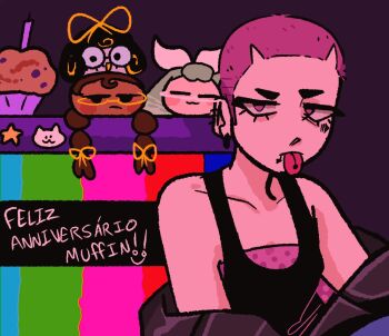 1girl bare_shoulders black_jacket black_tank_top borrowed_character buzz_cut candle character_doll collarbone commentary danganronpa_(series) doll ear_piercing earrings english_commentary eyelashes food gift_art jacket jewelry mismatched_eyebrows muffin off_shoulder original piercing pink_eyes pink_hair portuguese_text saigone_hibiki_(lattecos) short_hair solo sonzies star_(symbol) tank_top thick_eyebrows tongue tongue_out translated upper_body very_short_hair