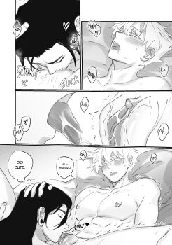 2boys abs absurdres blush clitoris cunnilingus cuntboy cuntboy_with_male english_text eyelashes getou_suguru gojou_satoru greyscale highres jujutsu_kaisen long_eyelashes male_focus moaning monochrome multiple_boys nipples oral pectorals pussy saliva speech_bubble thought_bubble xtlusart