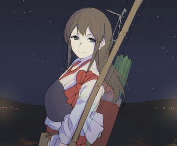 1girl akagi_(kancolle) arrow_(projectile) blue_eyes bow_(weapon) brown_hair closed_mouth hair_between_eyes japanese_clothes kantai_collection kimono long_hair looking_at_viewer muneate night night_sky onbr outdoors quiver sidelocks sky solo star_(sky) starry_sky tasuki upper_body weapon white_kimono