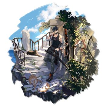 abs animal arknights asymmetrical_clothes bare_shoulders belt bird black_boots black_cat black_pants black_tank_top blue_sky blurry boots bracelet cargo_pants cat choker cliffside cloud cloudy_sky day depth_of_field dynamic_pose fingerless_gloves flamebringer_(arknights) flamebringer_(casual_vacation)_(arknights) flower foliage gloves grass hand_on_own_hip hand_to_own_mouth highres horizon ivy jacket jewelry long_sleeves looking_at_viewer lying midriff multiple_bracelets multiple_cats multiple_tails muscular muscular_male no_sense_of_shame ocean official_art open_clothes open_shirt orange_belt orange_cat orange_gloves outdoors overgrown pants paw_print perspective plant railing ruins scabbard seagull sheath sitting sky sleeping sleeveless smirk spiked_choker spikes stairs sunlight sword tail tank_top toned torn_clothes vines weapon white_jacket