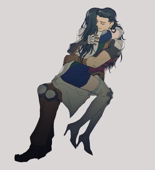 1boy 1girl aleph_(megami_tensei) armor arms_around_neck arms_around_waist beth_(megami_tensei) black_hair blue_dress boots brown_gloves cape closed_eyes commentary_request dress from_behind gloves grey_background hetero high_heel_boots high_heels hug long_hair o_c_x shin_megami_tensei shin_megami_tensei_ii shoulder_armor sitting sitting_on_lap sitting_on_person white_boots white_cape