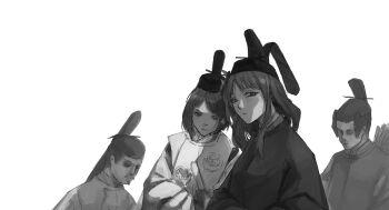 2boys 2girls absurdres genshin_impact greyscale hat highres japanese_clothes k0ushou kujou_sara looking_at_viewer monochrome multiple_boys multiple_girls raiden_shogun sokutai tate_eboshi white_background