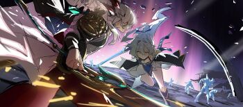 1boy 1girl arm_guards bare_shoulders black_gloves blue_sleeves crystal_sword daniel_deng detached_sleeves fighting fighting_stance gloves high_ponytail holding holding_sword holding_weapon honkai:_star_rail honkai_(series) jing_yuan jingliu_(honkai:_star_rail) long_hair pants polearm ponytail red_eyes red_pants sketch skirt sparks spear sword weapon white_hair white_skirt