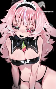 1girl absurdres artist_name bare_shoulders between_breasts bikini black_background black_bikini black_bow black_bowtie black_collar black_eyes black_hair black_headdress black_horns black_mouth black_saliva blush bow bowtie breasts cleavage collar commentary cup demon_girl drink earclip femme_soule highres horns idamaria large_breasts long_hair maid maid_headdress multicolored_hair navel open_mouth pink_eyes pink_hair pukey_goddess_shot_trick simple_background smile solo stomach streaked_hair swimsuit thighs twitter_username two-tone_hair