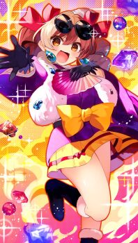 1girl black_gloves brown_hair eyewear_on_head gloves hand_fan highres holding holding_fan japanese_clothes katayama_kei kimono looking_at_viewer lotus_eaters open_mouth purple_kimono smile solo touhou wide_sleeves yorigami_jo&#039;on