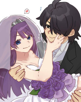 Rule 34 | 1boy, 1girl, absurdres, ahoge, araragi koyomi, bare shoulders, black hair, blue eyes, breasts, bridal veil, carrying, carrying person, cleavage, closed mouth, collarbone, commentary request, couple, dress, flower, hair over one eye, hand on another's face, heart, highres, long hair, looking at viewer, medium breasts, monogatari (series), purple flower, purple hair, senjougahara hitagi, short hair, simple background, sketch, smile, spoken heart, strapless, strapless dress, tsugumi (tgm 615486), veil, very long hair, wedding dress, white background