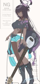 Rule 34 | 1girl, absurdres, black hair, black shirt, blue archive, blue shorts, boots, braid, breasts, clothes around waist, commentary request, cropped shirt, dark-skinned female, dark skin, floral print, gradient hair, guitar, halo, highleg, highleg panties, highres, holding, holding guitar, holding instrument, instrument, jacket, jacket around waist, karin (blue archive), knee boots, large breasts, long hair, low-braided long hair, low-tied long hair, multicolored hair, panties, purple hair, shirt, shorts, underwear, very long hair, yatsuka (846), yellow eyes