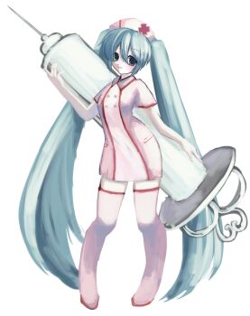 1girl 2000s_(style) blue_eyes blue_hair dress hat hatsune_miku highres koiiro_byoutou_(vocaloid) large_syringe long_hair nemu_(zutto_oyasu3) nurse nurse_cap oversized_object painterly pale_skin solo standing syringe thighhighs twintails vocaloid