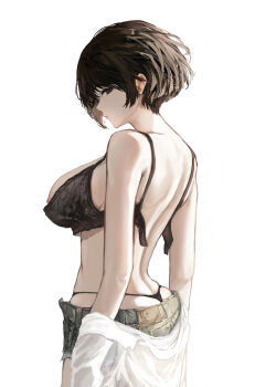 1girl absurdres aruhi_(pyxk7325) back bare_back black_bra black_eyes black_hair black_panties bra breasts closed_mouth commentary cowboy_shot cutoffs denim denim_shorts english_commentary expressionless from_side highres large_breasts looking_at_viewer median_furrow nipples no_shirt open_bra open_fly original panties shirt short_hair short_shorts shorts shoulder_blades sideways_glance simple_background solo standing thong torn_clothes torn_shorts underwear unworn_shirt white_background white_shirt
