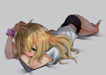 Rule 34 | 1girl, avarangers, blonde hair, brown eyes, closed mouth, commentary request, full body, grey background, heart, heart-shaped pupils, higa kana, highres, long hair, lying, midriff, okinawa de suki ni natta ko ga hougen sugite tsurasugiru, on stomach, purple scarf, scarf, scrunchie, shirt, simple background, socks, solo, symbol-shaped pupils, white shirt, white socks, wrist scrunchie