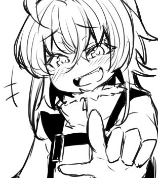 1girl arm_up blush commentary_request eyelashes greyscale hair_between_eyes laughing medium_hair monochrome no_headwear open_mouth pointing pointing_at_viewer raised_inner_eyebrows tanya_degurechaff tearing_up teeth tori_(minamopa) youjo_senki zipper zipper_pull_tab