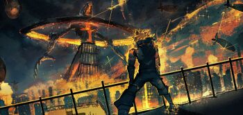 1boy 1girl apron bakugou_katsuki battle black_apron black_bodysuit blonde_hair bodysuit boku_no_hero_academia chainsaw_man city commentary crossover english_commentary giant giantess highres night outdoors reze_(chainsaw_man) size_difference sonic1nstinct spiked_hair standing