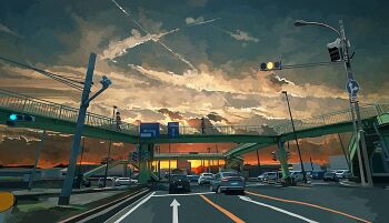 arrow_(symbol) banakotakemaru bridge car cloud cloudy_sky commentary_request evening film_grain highres lamppost motor_vehicle original outdoors pedestrian_bridge people road road_sign scenery sign sky street traffic traffic_light