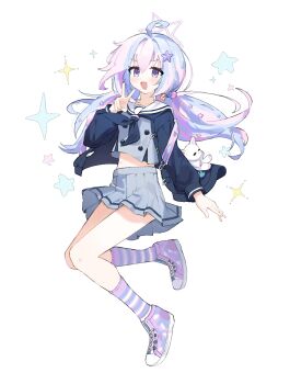 1girl :d ahoge beads black_neckerchief blue_archive blue_hair blue_jacket blush buttons chinese_commentary commentary_request double-breasted full_body grey_serafuku grey_shirt grey_skirt hair_beads hair_ornament halo highres jacket long_hair long_sleeves midriff mixed-language_commentary multicolored_hair navel neckerchief open_clothes open_jacket open_mouth partial_commentary pink_hair pink_halo pleated_skirt purple_eyes reisa_(blue_archive) sailor_collar school_uniform serafuku shirt shoes simple_background skirt smile sneakers socks solo sparkle star_(symbol) star_hair_ornament star_halo striped_clothes striped_socks twintails two-tone_hair v white_background white_sailor_collar yi_zhi_xun