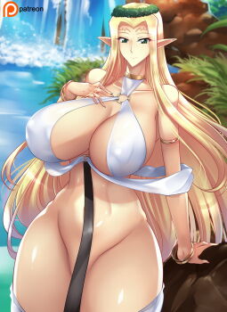 blonde_hair breasts celestine_lucullus elf haganef highres huge_breasts kuroinu_~kedakaki_seijo_wa_hakudaku_ni_somaru~ leash long_hair pointy_ears smile water waterfall