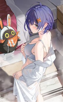 1girl absurdres back bangboo_(zenless_zone_zero) bed bedroom belle_(zenless_zone_zero) blue_hair blush breasts closed_mouth ear_blush eous_(zenless_zone_zero) from_above green_eyes grey_sports_bra hair_ornament highres letter_hair_ornament looking_ahead medium_breasts off_shoulder open_clothes open_shirt shirt short_hair solo sports_bra turning_head undressing wh0_r_uo_o white_shirt zenless_zone_zero