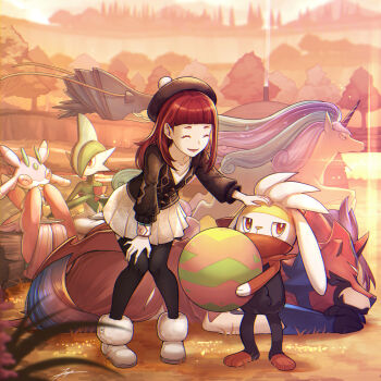 1girl alternate_hair_color ball black_cardigan black_fur black_headwear black_pantyhose blue_hair blunt_bangs body_fur boots cardigan chibikemo clawitzer closed_eyes collarbone colored_skin commentary_request curry curry_rice dusk dynamax_band eating food fur-trimmed_boots fur-trimmed_footwear fur_trim furry galarian_form galarian_rapidash gallade gen_4_pokemon gen_6_pokemon gen_7_pokemon gen_8_pokemon gloria_(pokemon) grass green_hair green_skin grey_boots grey_skirt hair_over_one_eye hand_on_another's_head happy hat holding holding_ball holding_food holding_spoon horns leaning_forward legendary_pokemon long_hair long_sleeves looking_at_another lurantis lying miniskirt multicolored_fur multicolored_skin nintendo on_grass on_ground on_stomach open_mouth outdoors pantyhose petting pink_hair plate pleated_skirt pokemon pokemon_(creature) pokemon_swsh raboot red_eyes red_fur red_hair rice signature single_horn sitting skirt sleeping smile spoon standing tam_o'_shanter tenyo0819 tree two-tone_skin white_fur white_skin zamazenta zamazenta_(hero)