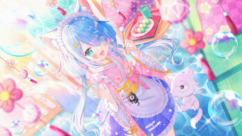 1girl :d animal_ear_fluff animal_ears apron blue_hair blurry blurry_foreground bubble commentary_request cup cyclops dango depth_of_field dutch_angle egasumi eyes_visible_through_hair food frilled_apron frilled_skirt frills green_eyes hair_ornament hair_over_one_eye hairclip holding hoshiduki_lilly ikari_(aor3507) indie_virtual_youtuber japanese_clothes kimono long_hair long_sleeves looking_at_viewer maid maid_headdress mimikaki multicolored_hair official_art one-eyed open_mouth pink_hair pink_kimono plate pleated_skirt print_kimono print_skirt purple_skirt sanshoku_dango skirt smile solo standing star_(symbol) star_print table tail tatami tray two-tone_hair very_long_hair virtual_youtuber wa_maid wagashi waist_apron white_apron wide_sleeves yunomi