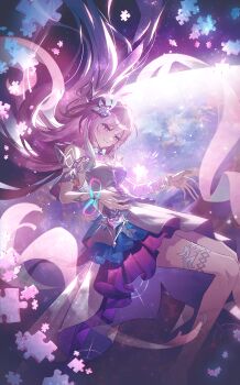 Rule 34 | 1girl, absurdres, blush, commentary request, cyrene (honkai: star rail), dress, feet out of frame, floating hair, flower, hair between eyes, hair flower, hair ornament, highres, honkai: star rail, honkai (series), long hair, mei (tn9043), pink eyes, pink flower, pink hair, puzzle piece, ribbon, sleeveless, sleeveless dress, smile, solo, very long hair, white dress, wrist ribbon