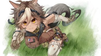 1girl ahoge animal_ears black_gloves breasts brown_eyes brown_fur brown_shirt brown_shorts closed_mouth commentary commission dameyoshi english_commentary frown gloves grass hair_between_eyes highres horse_ears horse_girl horse_tail large_breasts leaning_forward looking_at_viewer motion_blur multicolored_hair running second-party_source shirt shorts solo tail thighhighs tomoe_umari tomoe_umari_(1st_costume) v-dere virtual_youtuber white_thighhighs