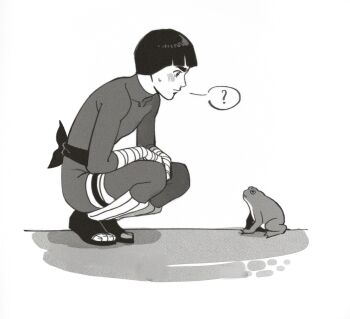 1boy ? bodysuit bowl_cut commentary english_commentary full_body greyscale hand_wraps il1023il male_focus monochrome naruto_(classic) naruto_(series) open-toe_shoes rock_lee solo spoken_question_mark squatting sweatdrop toad_(animal)