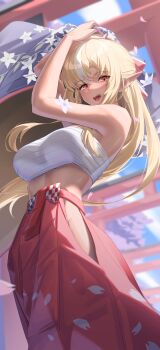 1girl absurdres bare_shoulders blonde_hair breasts chest_sarashi cowboy_shot dark-skinned_female dark_elf dark_skin elf hakama hakama_skirt highres hololive japanese_clothes large_breasts long_hair mintea_(minteashake) multicolored_hair pointy_ears red_skirt sarashi shiranui_flare skirt solo torii two-tone_hair virtual_youtuber white_hair