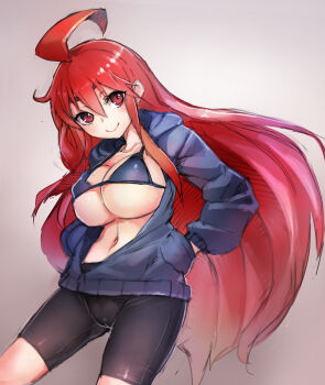 Rule 34 | 1girl, ahoge, bike shorts, bikini, bikini top only, black bikini, blush, breasts, cleavage, female focus, hands in pockets, headband, highres, hood, hoodie, huge ahoge, large breasts, long hair, micro bikini, micro bikini top, navel, open clothes, open hoodie, original, red eyes, red hair, simple background, smile, solo, strap gap, swimsuit, taishi (picchiridou), underboob, very long hair