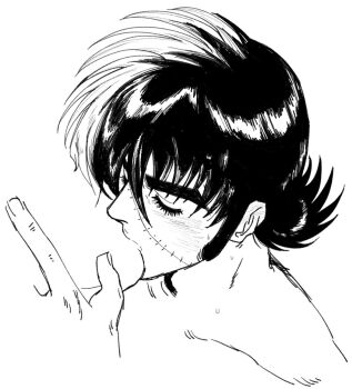 Rule 34 | 0tenmr , 1boy, 1other, black jack (character), black jack (series), closed eyes, faceless, hand on another's face, highres, kiss, male focus, monochrome, portrait, scar, scar on face, short hair, solo focus, stitched face, stitches, sweat, topless male, white background