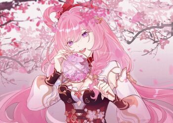 Rule 34 | 1girl, bell, braid, breasts, cherry blossoms, cleavage, commentary, dress, elysia (herrscher of human: ego) (honkai impact), elysia (honkai impact), elysia (peachy spring) (honkai impact), english commentary, flower, hair bell, hair flower, hair ornament, holding, honkai (series), honkai impact 3rd, large breasts, long hair, looking at viewer, movrein, official alternate costume, open mouth, pink hair, purple eyes, red dress, single braid, smile, solo, teeth, upper teeth only, very long hair