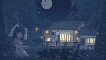 3girls :d absurdres arm_rest bamboo bamboo_forest bird blush bow bowtie brown_hair bug buttons carrot_necklace chinese_commentary collared_shirt dress eientei firefly floppy_ears forest frills fujiwara_no_mokou hair_bow hand_on_railing hand_rest highres houraisan_kaguya house imperishable_night inaba_tewi insect jewelry lantern long_hair long_sleeves looking_at_another looking_at_viewer medium_hair moon multiple_girls nature necklace night night_sky obi open_mouth outdoors pants pink_dress plant pointing rabbit_girl red_eyes red_pants reflection ribbon-trimmed_sleeves ribbon_trim sash scenery shirt short_hair sky sleeve_cuffs smile sparkle standing star_(sky) suspender_pants suspenders talking touhou tseum water white_bow white_bowtie white_hair white_shirt