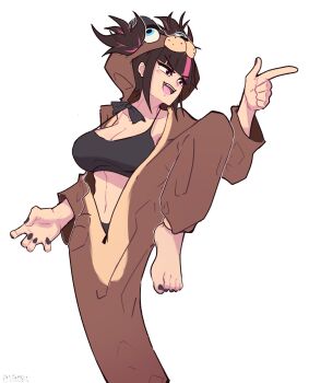 adapted_costume alternate_color artist_name black_hair breasts cosplay eigori feet fingernails five_nights_at_freddy&#039;s freddy_fazbear han_juri highres hood large_breasts nails one_leg_raised pajamas pink_eyes pointing sharp_fingernails smile street_fighter street_fighter_6 teeth twintails unzipped upper_teeth_only white_background