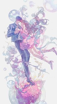 1boy 1girl birthday_cake brown_hair bubble cake chaoxibumian collared_shirt couple detached_sleeves dress earrings fish food formal_clothes full_body happy_birthday hetero highres holding_hands jacket jewelry light_smile long_hair love_and_deepspace necktie pink_dress pink_shoes pink_sleeves protagonist_(love_and_deepspace) purple_hair rafayel_(love_and_deepspace) shirt shoes short_hair strappy_heels suit suit_jacket white_shirt