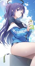 Rule 34 | 1girl, :o, absurdres, black halo, black shirt, blue archive, blue buruma, blue eyes, blue jacket, blue sky, bottle, breasts, buruma, cloud, commentary request, day, halo, highres, holding, holding bottle, ika (4801055), jacket, lanyard, long hair, long sleeves, medium breasts, official alternate costume, outdoors, plastic bottle, shirt, short sleeves, sky, solo, star sticker, sticker on face, sunlight, sweat, thighs, two side up, yuuka (blue archive), yuuka (track) (blue archive), zipper