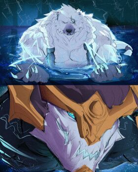 2boys absurdres aurelion_sol_(league_of_legends) bara bear_boy beckoning commentary dragon eastern_dragon english_commentary fiora_(na1su) furry furry_male highres i'll_teach_you_everything_(chainsaw_man) in_water league_of_legends light_reflection_(water) lightning movie_reference multiple_boys muscular muscular_male open_hands parody partially_submerged pool scene_reference volibear water white_fur yaoi