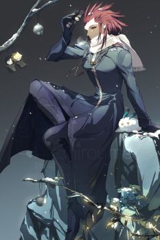 Rule 34 | 1boy, axel (kingdom hearts), binoculars, black boots, black gloves, black pantyhose, black robe, boots, christmas ornaments, commentary request, facial mark, full body, gloves, grey background, hair slicked back, highres, holding, holding binoculars, kingdom hearts, kingdom hearts 358/2 days, long hair, male focus, pantyhose, red hair, robe, roxas, scarf, sideburns, sitting, snow, snowing, solo, srum su28, tree, white scarf, xion (kingdom hearts)