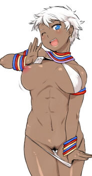 1girl ;d abs armlet bikini bikini_pull bikini_top_lift black_hair blue_eyes bouncing_breasts bracelet breast_slip breasts capcom clothes_lift clothes_pull covered_erect_nipples dark-skinned_female dark_skin earrings elena_(street_fighter) female_focus female_pubic_hair happy jewelry large_breasts lifting_own_clothes navel neck_ring nipples one_breast_out one_eye_closed open_mouth pubic_hair pulling_own_clothes short_hair simple_background skindentation smile solo street_fighter street_fighter_iii_(series) swimsuit thigh_gap tsukudani_(coke-buta) white_background white_hair wink