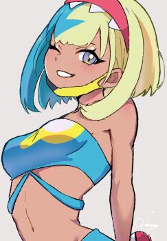 1girl alternate_hairstyle arched_back bandeau blonde_hair blue_bandeau breasts canari_(pokemon) eyelashes grey_background grey_eyes grin hairband mask mask_pull meru_merume603 mixed-language_commentary mouth_mask multicolored_hair navel nintendo pink_hairband poke_ball poke_ball_(basic) pokemon pokemon_legends:_z-a signature simple_background smile solo teeth two-tone_hair upper_body