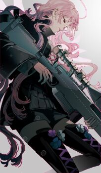 1girl ai_arctic_warfare arknights black_dress black_shoes black_shorts blue_flower bolt_action boots cross-laced_clothes cross-laced_dress dress feet_out_of_frame flower footwear_flower from_side gun halo hashtag-only_commentary highres holding holding_gun holding_weapon lace-up_boots lemuen_(arknights) long_hair pink_eyes pink_hair pleated_skirt purple_flower rifle shoes shorts simple_background skirt sniper_rifle solo thighhighs very_long_hair weapon white_background xian_qishui zettai_ryouiki zipper