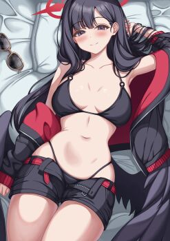 1girl absurdres arm_up armpits belt bikini bikini_bottom_under_shorts bikini_under_clothes black_bikini black_hair black_shorts black_wings blue_archive breasts breasts_apart cross_halo feathered_wings halo highres ichika_(blue_archive) ichika_(swimsuit)_(blue_archive) long_hair looking_at_viewer low_wings lying micro_shorts navel o-ring o-ring_bikini o-ring_top official_alternate_costume on_back open_clothes open_shorts red_belt red_halo short_shorts shorts smile solo sunglasses swimsuit unusually_open_eyes unworn_eyewear wings wxjn4348