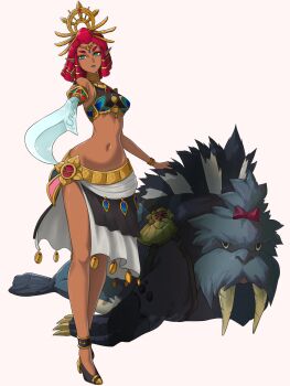 1girl animal black_sarong black_tank_top bracelet circlet commentary commission crop_top dark-skinned_female dark_skin english_commentary full_body gerudo highres holding holding_sword holding_weapon jewelry navel nintendo opalis patricia_(zelda) pointy_ears red_hair riju sand_seal_(zelda) sarong second-party_source solo standing sword tank_top the_legend_of_zelda the_legend_of_zelda:_tears_of_the_kingdom tiara tusks weapon