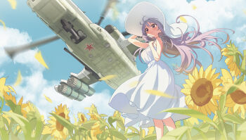1girl absurdres aircraft attack_helicopter blue_sky brown_eyes bypos cannon cloud commentary_request day dress field floating_hair flower flower_field hand_on_headwear hand_on_own_chest hat helicopter highres kamov_ka-50 long_hair military_vehicle missile_pod original outdoors purple_hair sky solo sun_hat sundress sunflower sunflower_field white_dress white_hat