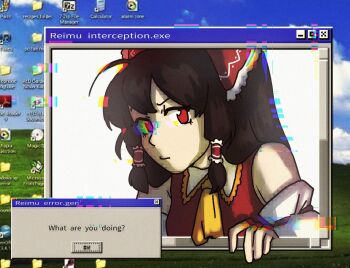 bare_shoulders brown_hair commentary detached_sleeves dress english_commentary glitch hakurei_reimu long_hair looking_at_viewer looking_to_the_side microsoft_windows red_dress red_eyes skullchimes touhou upper_body