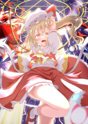 Rule 34 | 1girl, absurdres, arms up, ascot, back bow, blonde hair, blush, bow, commentary request, danmaku, electricity, fang, flandre scarlet, frilled shirt collar, frilled skirt, frills, hat, hat ribbon, hexagram, highres, kanatsu (izayoi f2202), leg up, long hair, looking at viewer, magic circle, mob cap, open mouth, orange eyes, red footwear, red ribbon, red skirt, red vest, ribbon, shirt, shoes, short sleeves, skirt, socks, solo, star of david, teeth, touhou, upper teeth only, vest, white bow, white hat, white shirt, white socks, wings, yellow ascot, yellow bow