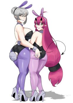 Rule 34 | 2girls, absurdres, anal beads, anal tail, animal ears, ass, belial (maybe its mayvi), black horns, black leotard, breasts, butt plug, cleavage, demon girl, demon horns, demon tail, fake tail, green eyes, grey footwear, high heels, highres, horns, large breasts, leotard, long hair, maybe its mayvi, multiple girls, original, pantyhose, pink pantyhose, playboy bunny, pointy ears, purple pantyhose, rabbit ears, rabbit girl, rabbit tail, red hair, simple background, standing, strapless, strapless leotard, tail, updo, white background