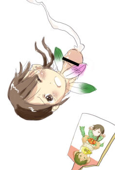 1girl borusen brown_eyes brown_hair cum dickneck flying misplaced_genitals mito_kumi one_eye_closed original racket solo tennis_racket what