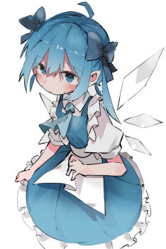 1girl alternate_costume alternate_hairstyle apron aqua_ascot aqua_hair ascot cirno collared_shirt hair_ribbon ice ice_wings maid nacht_musik puffy_short_sleeves puffy_sleeves ribbon shirt short_sleeves simple_background solo touhou white_apron white_background white_shirt wings