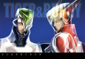 10s 2boys aqua_eyes armor bad_id bad_pixiv_id barnaby_brooks_jr. blonde_hair blue_eyes brown_hair copyright_name facial_hair glasses glowing glowing_eyes green_eyes kaburagi_t._kotetsu multiple_boys nagasaki_yuko power_armor power_suit short_hair stubble superhero_costume tiger_&amp;_bunny wild_tiger