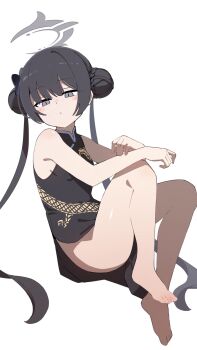 1girl arm_on_knee armpit_crease black_dress black_eyes black_hair blue_archive blunt_bangs blush china_dress chinese_clothes clothes_between_thighs commentary_request double_bun dragon_print dress full_body grey_halo hair_bun halo highres intakes invisible_chair kisaki_(blue_archive) leg_up long_hair looking_at_viewer low_twintails mikokomiyazawa side_slit sitting solo thighs twintails white_background